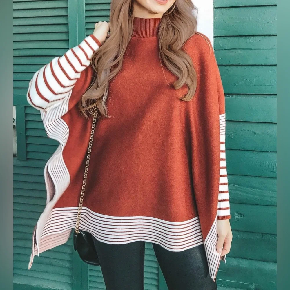 Chicwish Mock Neck Poncho Sweater Pullover Burnt Orange Striped Size S / M - Picture 1 of 13
